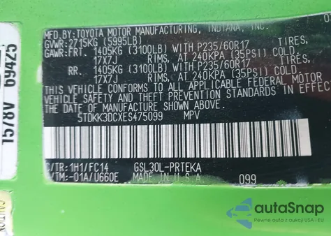 2014 Toyota Sienna Le V6 8 Passenger z USA, uszkodzony, nr VIN 5TDKK3DCXES475099